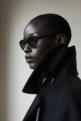Part of the silhouette of an African-American girl wearing black sunglasses in a high-collared coat, looking to the side.