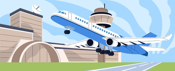 Airplane flight. Aircraft flies, landing on runway. Airport building and plane on airstrip. Airliner arrives on airfield from travel. Aerodrome with aeroplane, terminal tower. Flat vector illustration © Paper Trident