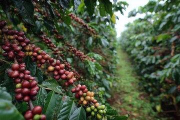 A row of red and green coffee berry hanging from a tree. The fruit is ripe and ready to be picked