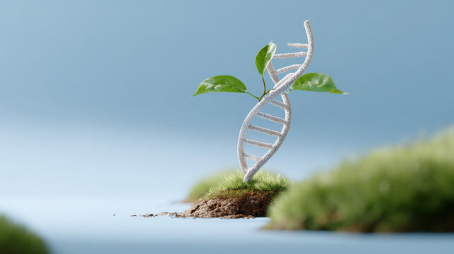 DNA strand grows into plant, symbolizing fusion of science and nature. concept art style evokes innovation and life