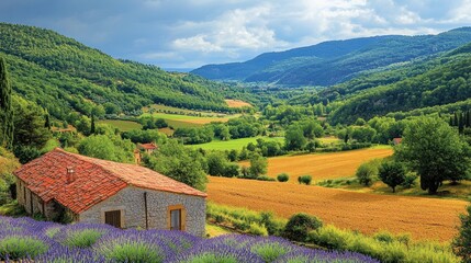 Scenic valley view with a rustic home