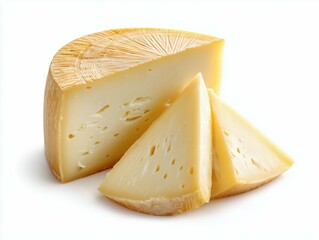 A wheel of cheese with two slices cut out on a white background in a studio photography setting