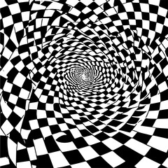 Naklejka premium Warped checkerboard spiral pattern, black and white vector background