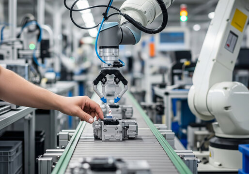 A close-up shot shows a human hand placing a small component onto a product on an assembly line, working in collaboration with a robotic arm that is also manipulating parts, all within a brightly lit 