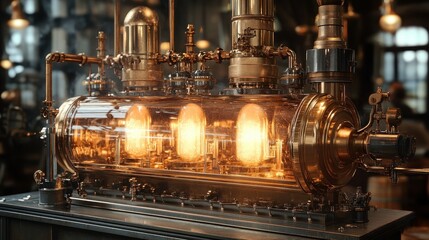 Steampunk brass machine with glowing lights