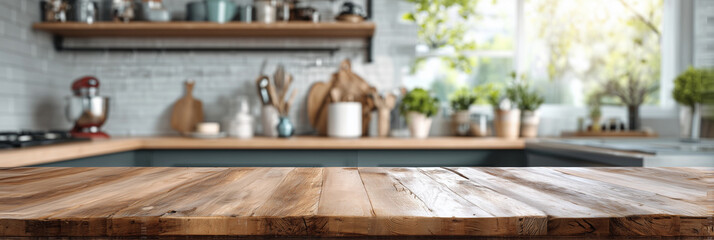 A kitchen with a wooden countertop and a window. The countertop is a wooden slab with a view of the kitchen