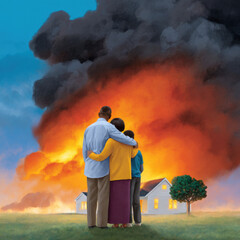 Obraz premium Family stands together, embracing as they watch their house engulfed in flames, with thick smoke billowing into sky. scene conveys sense of loss and unity