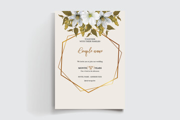 WEDDING INVITATION FRAME WITH FLOWER DECORATIONS AND FRESH LEAVES