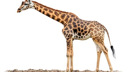 Obraz premium Majestic Giraffe Standing on Brown Earth Against White Background Wildlife