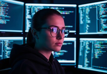 Focused Female Programmer Working on Multiple Screens in a Dark Room
