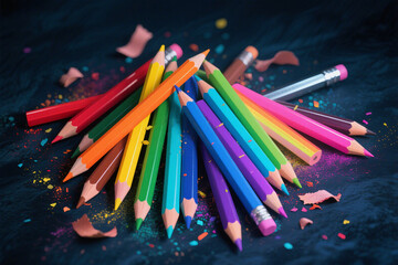 A Symphony of Color: Scattered Pencils and Dust Illuminated Against a Midnight Canvas in Dreamlike Haze