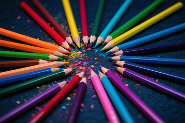A Symphony of Color: Scattered Pencils and Dust Illuminated Against a Midnight Canvas in Dreamlike Haze