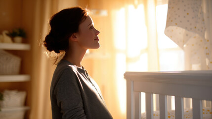 Pregnant woman gazes thoughtfully at baby crib in softly lit nursery, creating warm and serene atmosphere