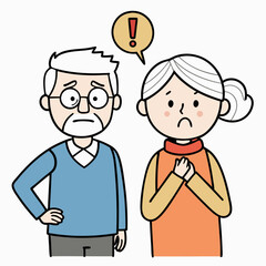 Obraz premium Hand Drawn Style Elderly Couple Understanding and Solving a Problem. Exclamation mark. Hand drawn style vector design illustrations