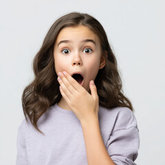 Fototapeta premium Surprised young girl with wide eyes and open mouth, hand on face, wearing casual sweater. Her expression conveys shock and amazement against plain background