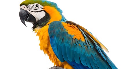 Obraz premium Vibrant Blue and Gold Macaw Parrot Close Up Profile Shot on White Background