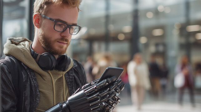 A man with a prosthetic arm holding a cell phone
