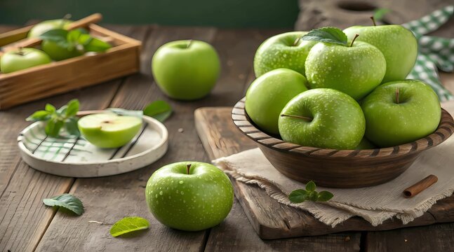 Fresh green apples in rustic bowl on wooden surface still life - Powered by Adobe