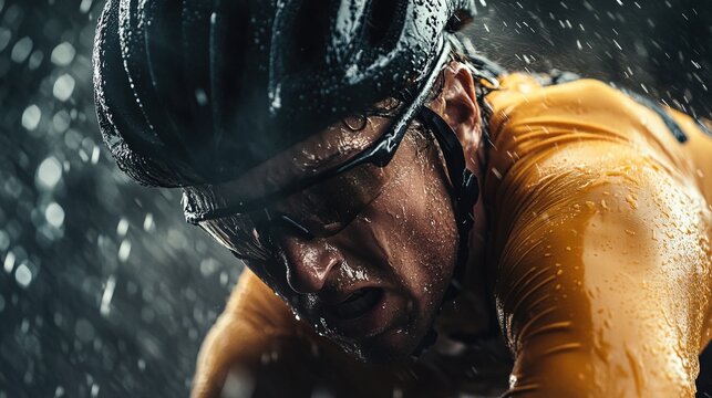 A cinematic close-up of a wet, exhausted racer gripping the handlebars, pushing past the limits