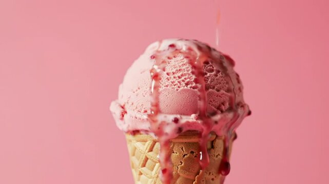 Strawberry Ice Cream Scoop Melts in Cone, a Sweet Treat on Pink Background, close-up shot with copyspace, summertime, dessert photography.