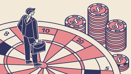 Obraz premium Success and strategy, Businessman stands confidently bullseye of dartboard,, Clean background