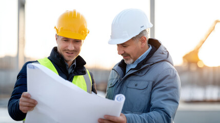 Fototapeta premium Two construction professionals, wearing safety helmets and reflective vests, are reviewing blueprint at construction site. setting is outdoors with blurred background of construction equipment