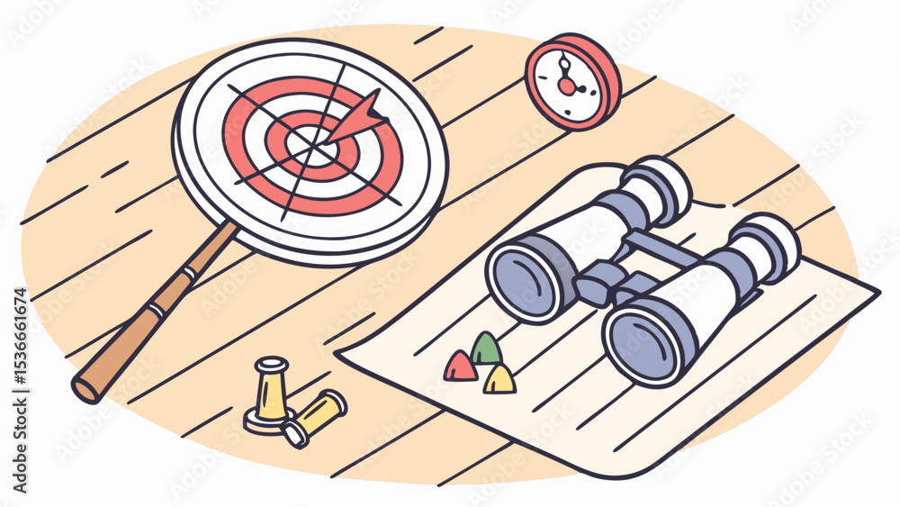 Poster focus target dartboard, binoculars, and game pieces create playful scene of focus and fun, clean bac