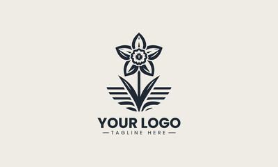 Bright yellow daffodil flower blooms beautifully with long green leaves in spring season vector logo illustration design