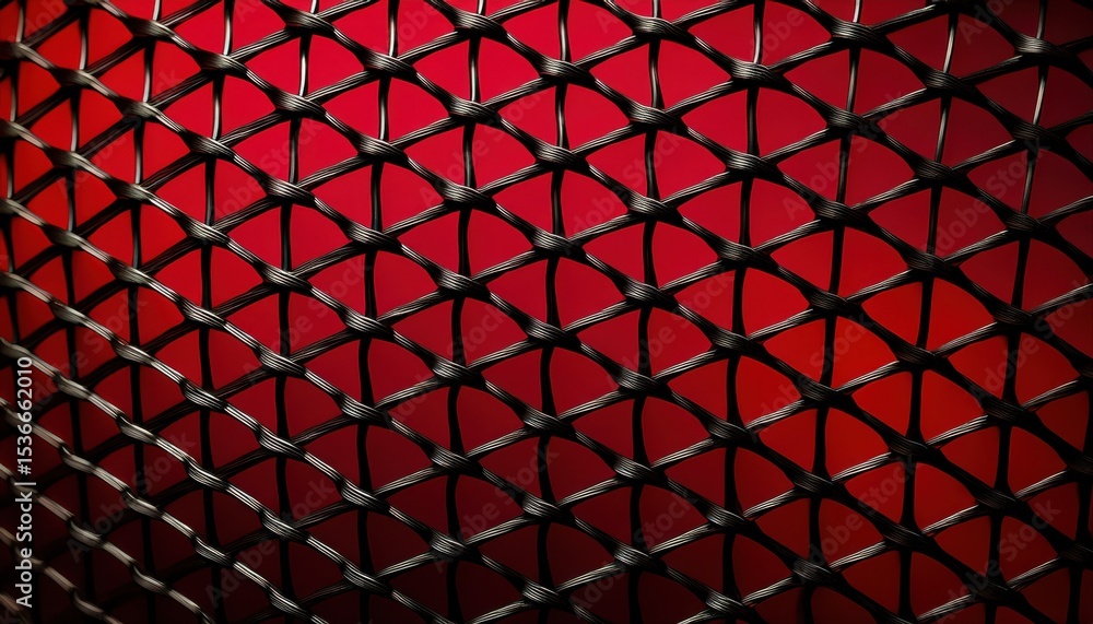 Poster abstract twisted black wire grid pattern over vibrant red gradient background with geometric mesh de