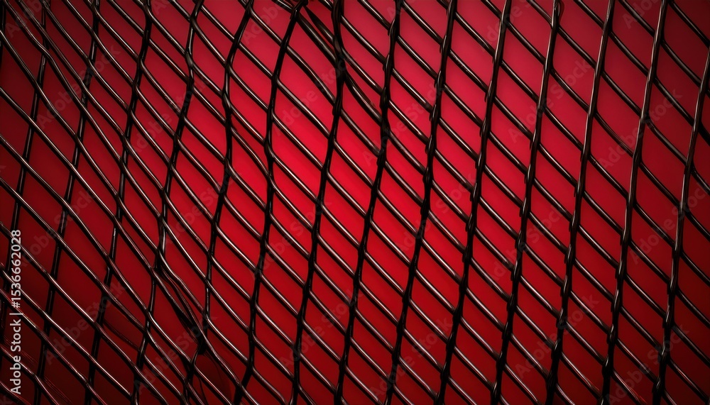 Poster abstract twisted black wire grid pattern over vibrant red gradient background with geometric mesh de