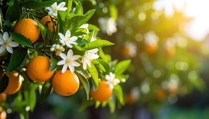Vibrant orange fruits hanging from a lush tree surrounded by delicate white flowers in a sunny environment.