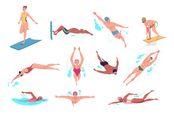 Professional swimmers. Man woman swimmer cartoon characters set, athlete in goggles swim dive position swimming pose sea or pool freestyle water sport, classy vector illustration