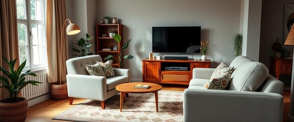 Cozy living room with armchair, chair, TV, cabinet, plant, and fluffy pillows,  television,  throw pillows