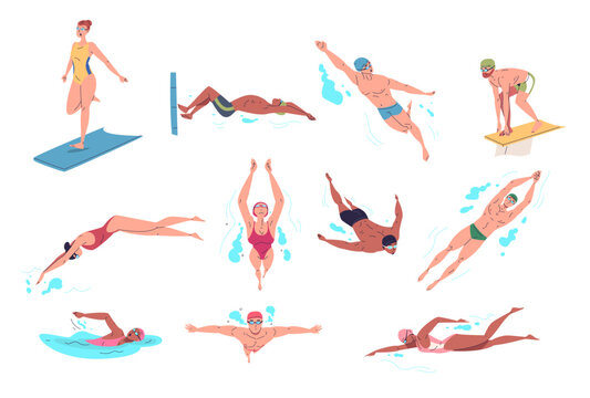Professional swimmers. Man woman swimmer cartoon characters set, athlete in goggles swim dive position swimming pose sea or pool freestyle water sport, classy vector illustration