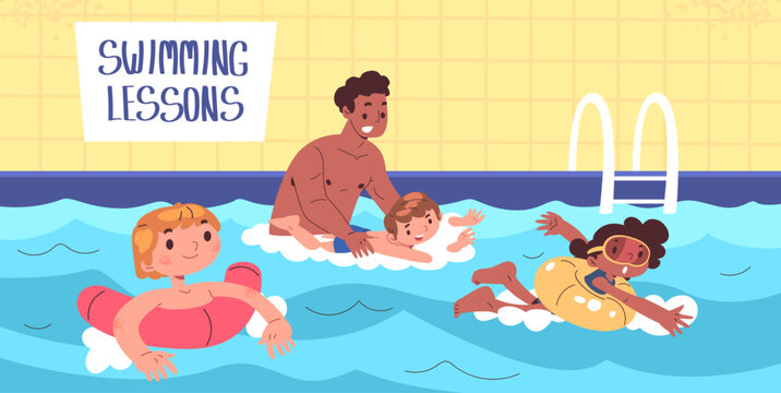 Swimming learn. Children swim in pool with coach, kids swimmers competition lesson water sport school practice exercise teacher training poolside class, classy vector illustration