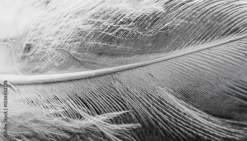 Poster soft white bird feather macro closeup with intricate barbs and gentle texture in high contrast monoc