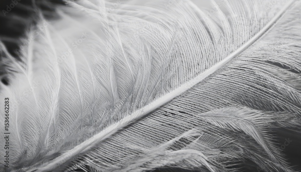 Poster soft white bird feather macro closeup with intricate barbs and gentle texture in high contrast monoc