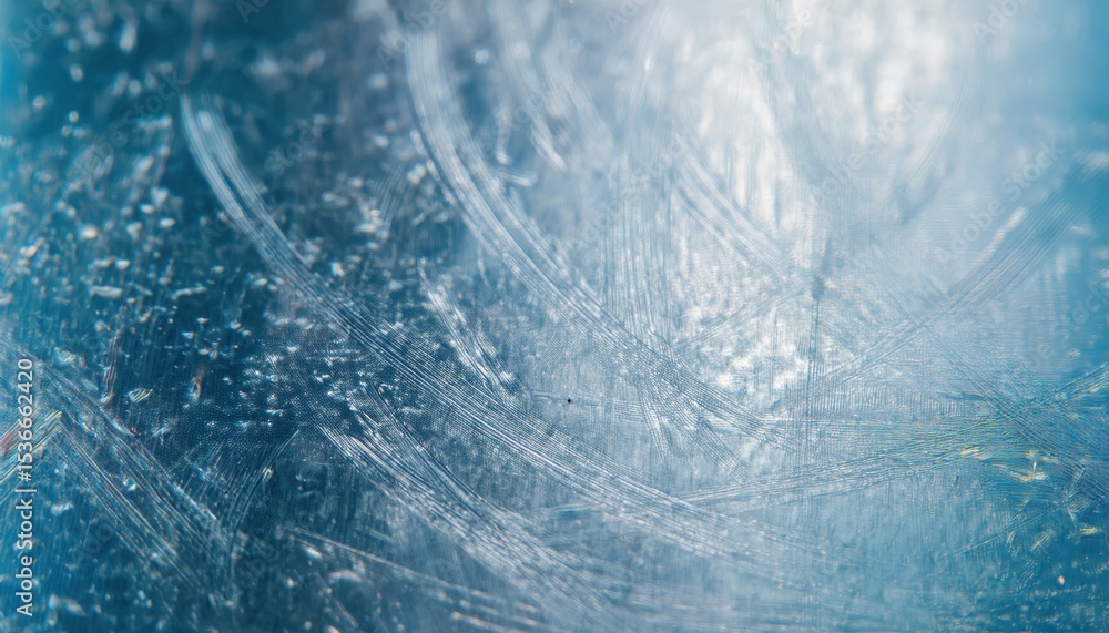 Poster macro closeup of icy textured surface with etched diagonal lines and sparkling frost particles in co
