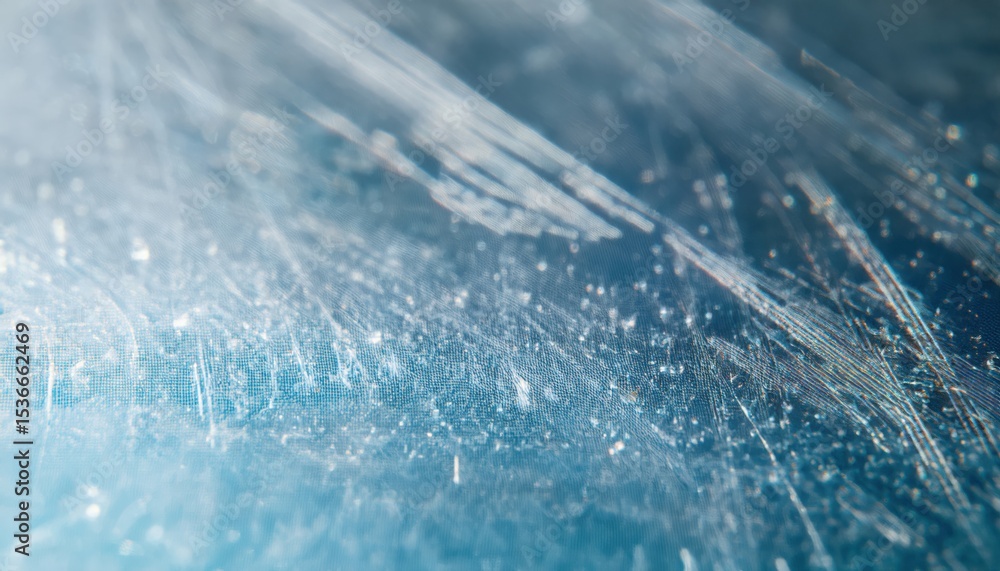Poster macro closeup of icy textured surface with etched diagonal lines and sparkling frost particles in co