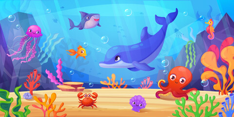 Underwater animals landscape. Seabed animal sea life scene ocean world, marine cute fish under water creature dolphin aquatic bottom reef plant cartoon swanky vector illustration