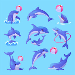 Cartoon dolphins. Cute dolphin happy characters, sea fish under water animal swim jump play ball in dolphinarium aquarium underwater pool aquatic park, swanky vector illustration