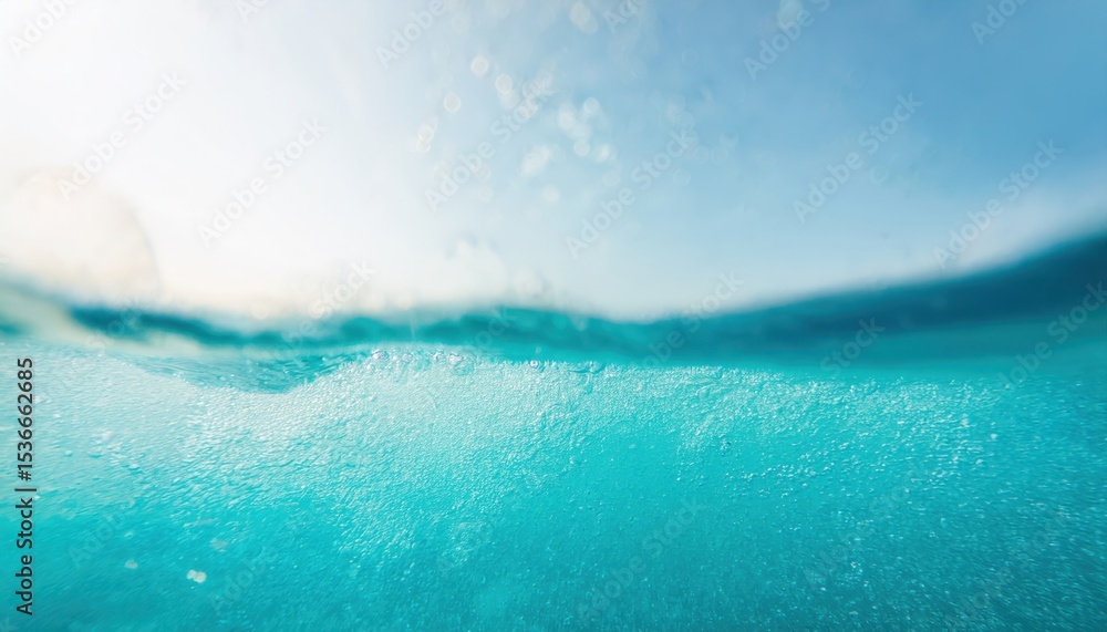 Poster underwater view of clear turquoise ocean surface with rising bubbles and sunlit waves for aquatic br