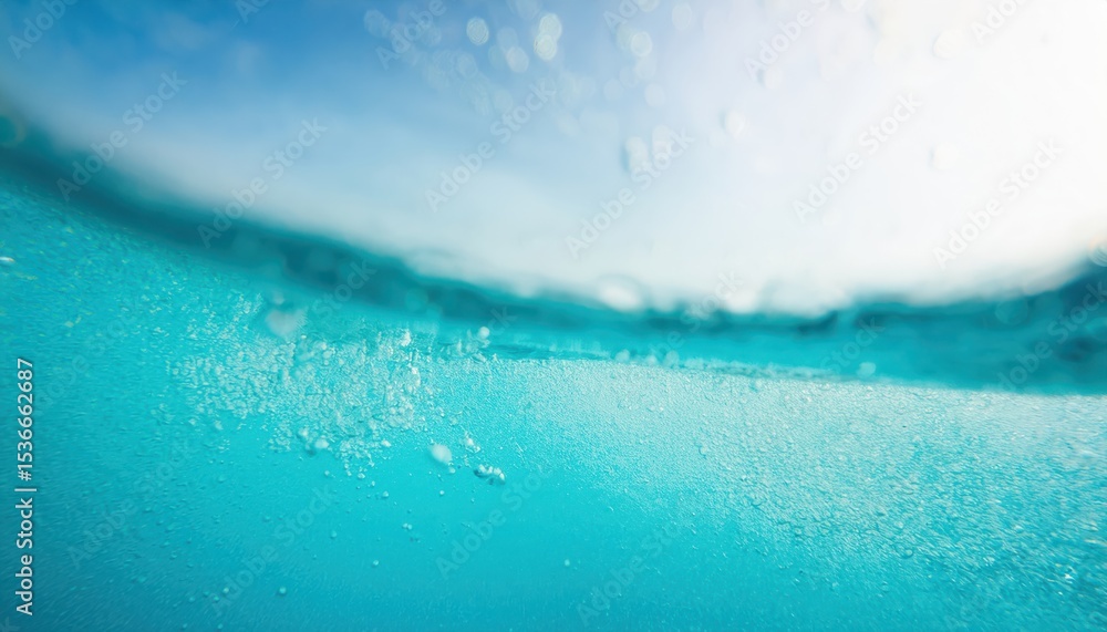 Poster underwater view of clear turquoise ocean surface with rising bubbles and sunlit waves for aquatic br