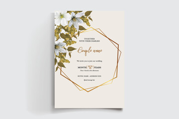 WEDDING INVITATION FRAME WITH FLOWER DECORATIONS AND FRESH LEAVES