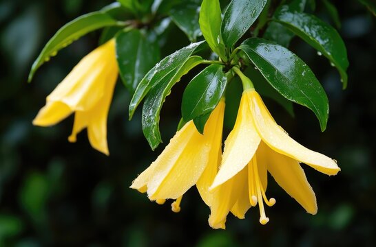 Yellow flowers with rain, and green leaves. - Powered by Adobe