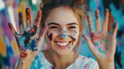A radiant young artist joyfully displays paint covered hands and face