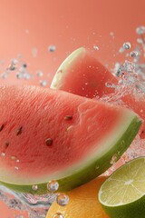 A watermelon is cut in half and surrounded by other fruits, including an orange and a lime. The image has a playful and refreshing mood