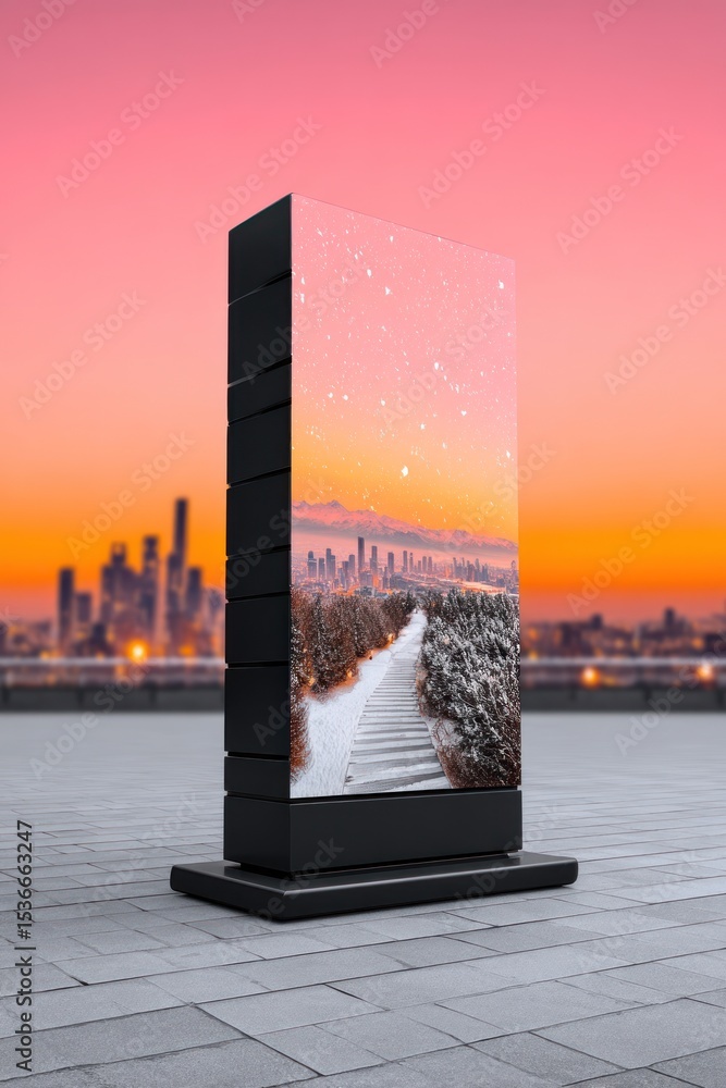 Poster digital display showing a snowy path and cityscape at sunset