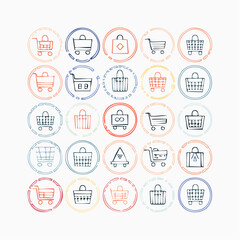Set of 30 outline icons related to shopping cart, shopping  basket, shopping  bag. Linear icon collection. Editable stroke. Vector illustration
