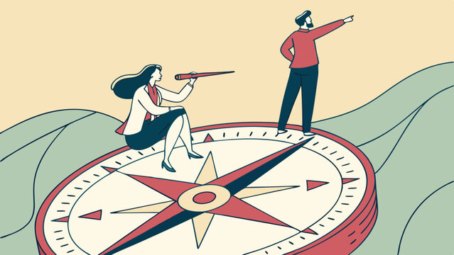 SVG Vector woman sits atop giant compass, guiding direction with confidence and clarity - Powered by Adobe